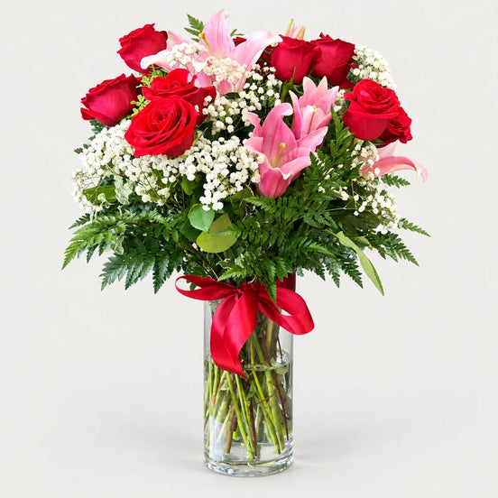 Classic Red Roses & Pink Lilies Vase - Flower World